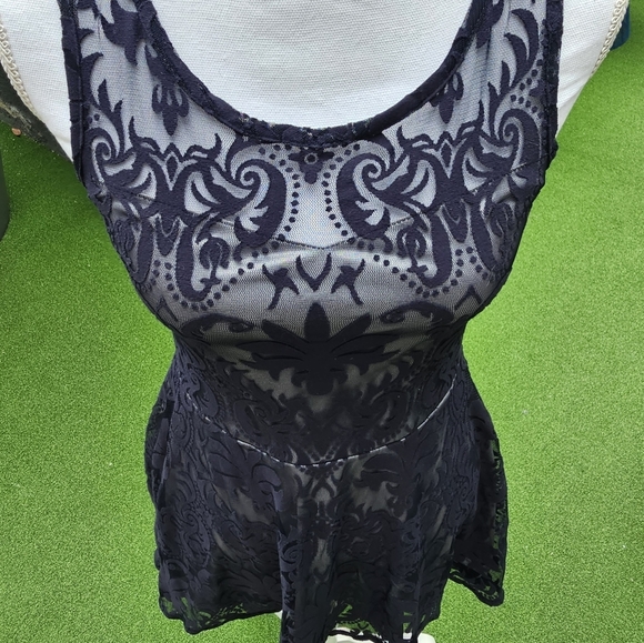 SALLY MILLER Victorian Vibes Dress Silky Silver Lining Deep Blue Sheer Velvet - Picture 4 of 17